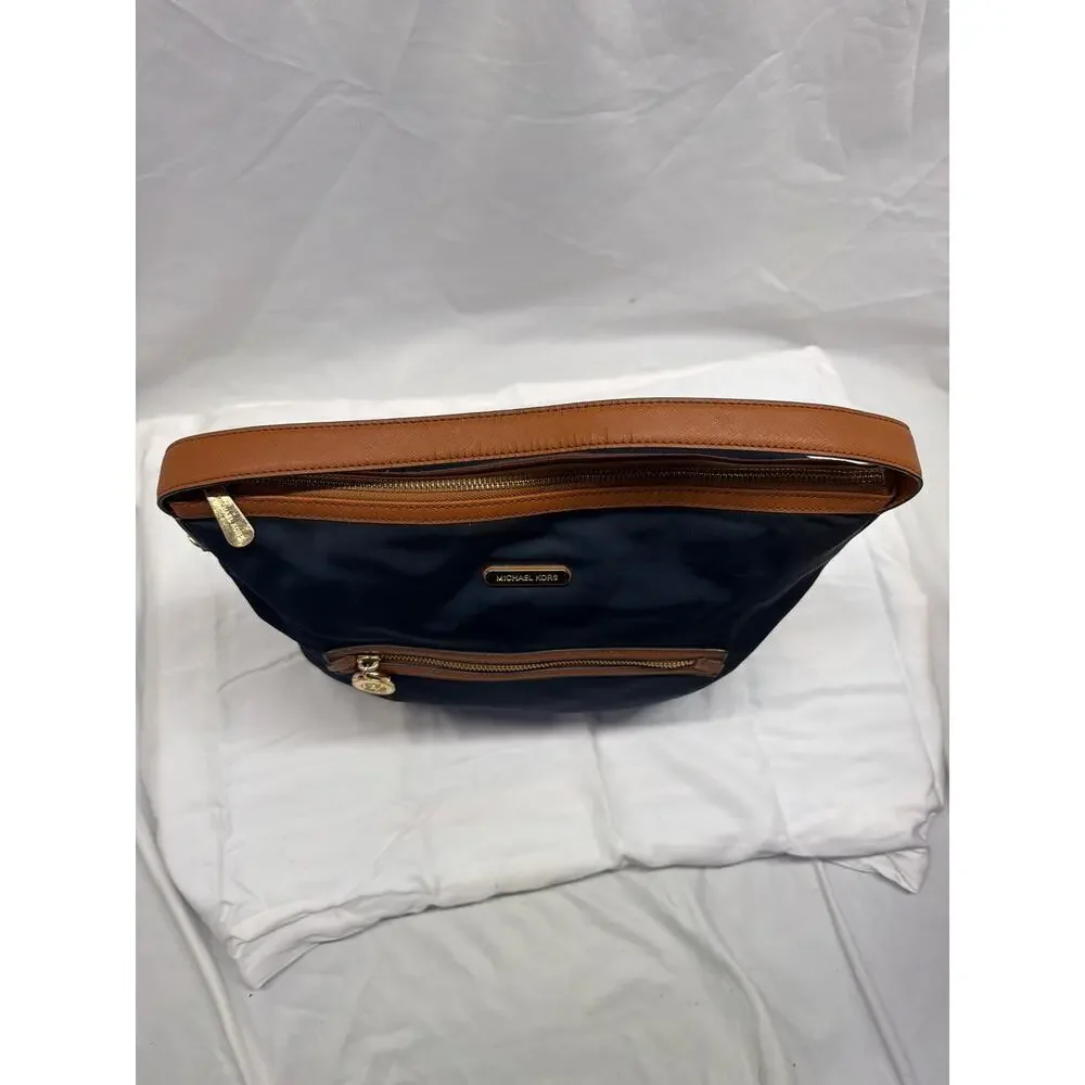 Michael Kors Navy Blue Nylon & Tan Leather Kelsey Shoulder Hobo Bag